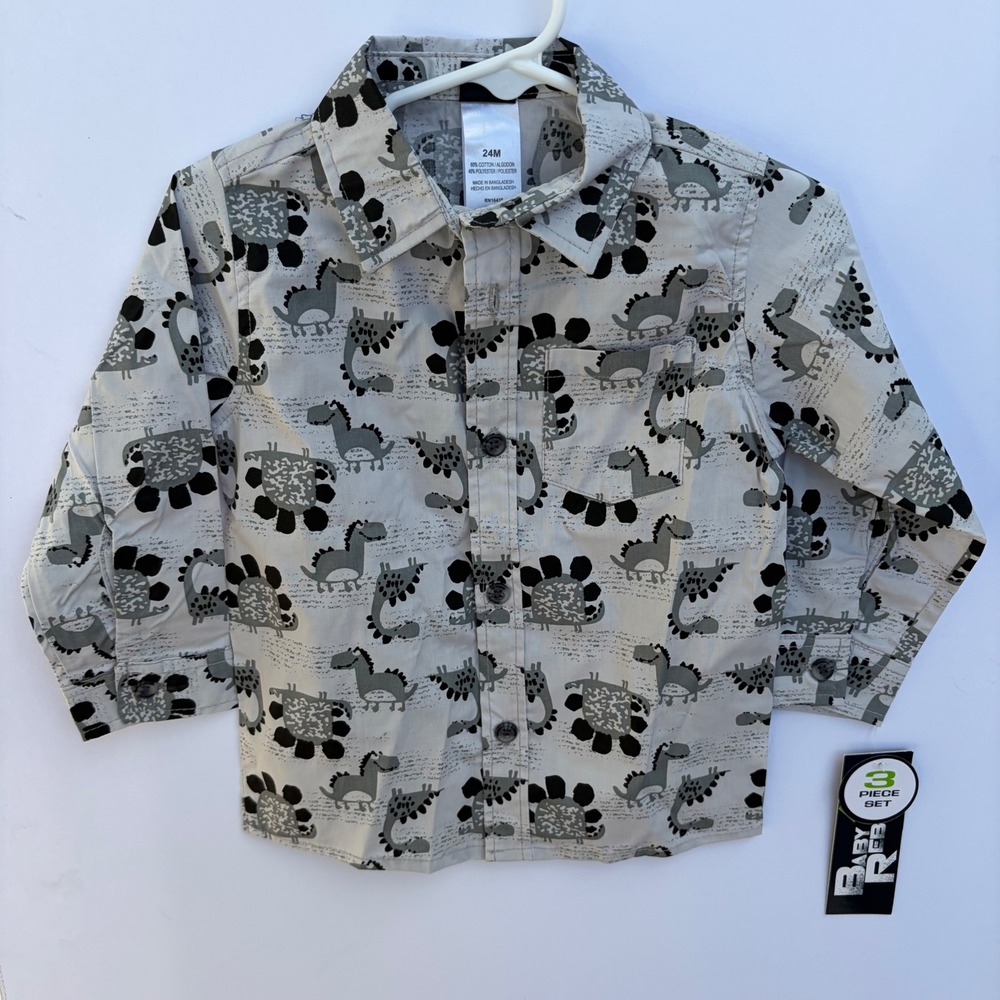 Baby Rebels Boys Gray Dinosaur Print Button Down Shirt Long Sleeve 24M NWT‎